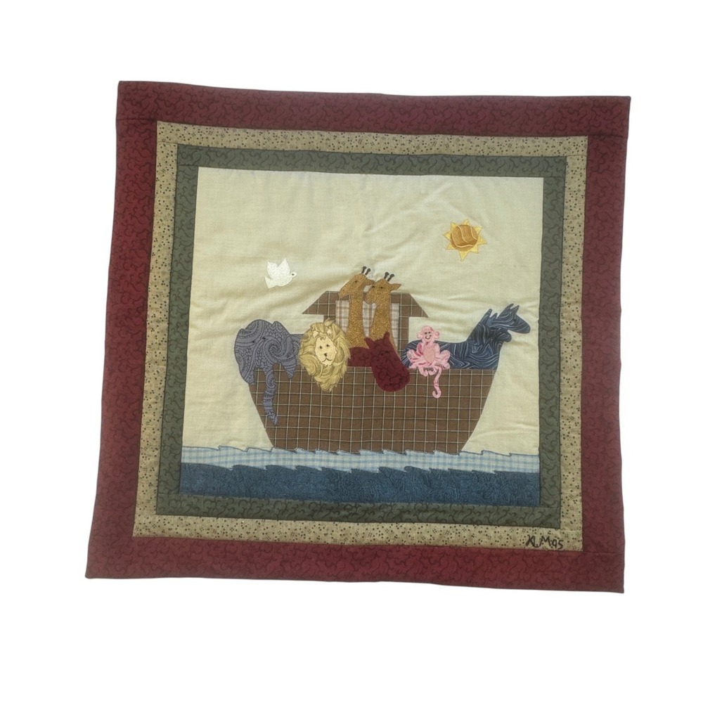 Vintage Handmade Noahs Ark Quilted Wall Hanging Nursery Decor 24x22.5 Baby Room